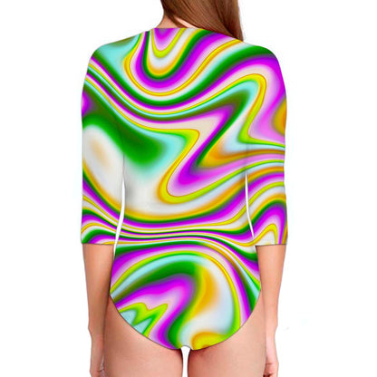 Abstract Holographic Liquid Trippy Print Long Sleeve Swimsuit
