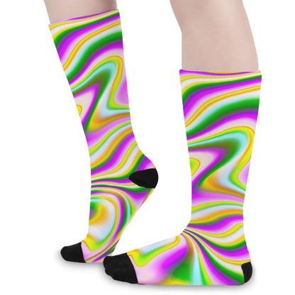 Abstract Holographic Liquid Trippy Print Long Socks