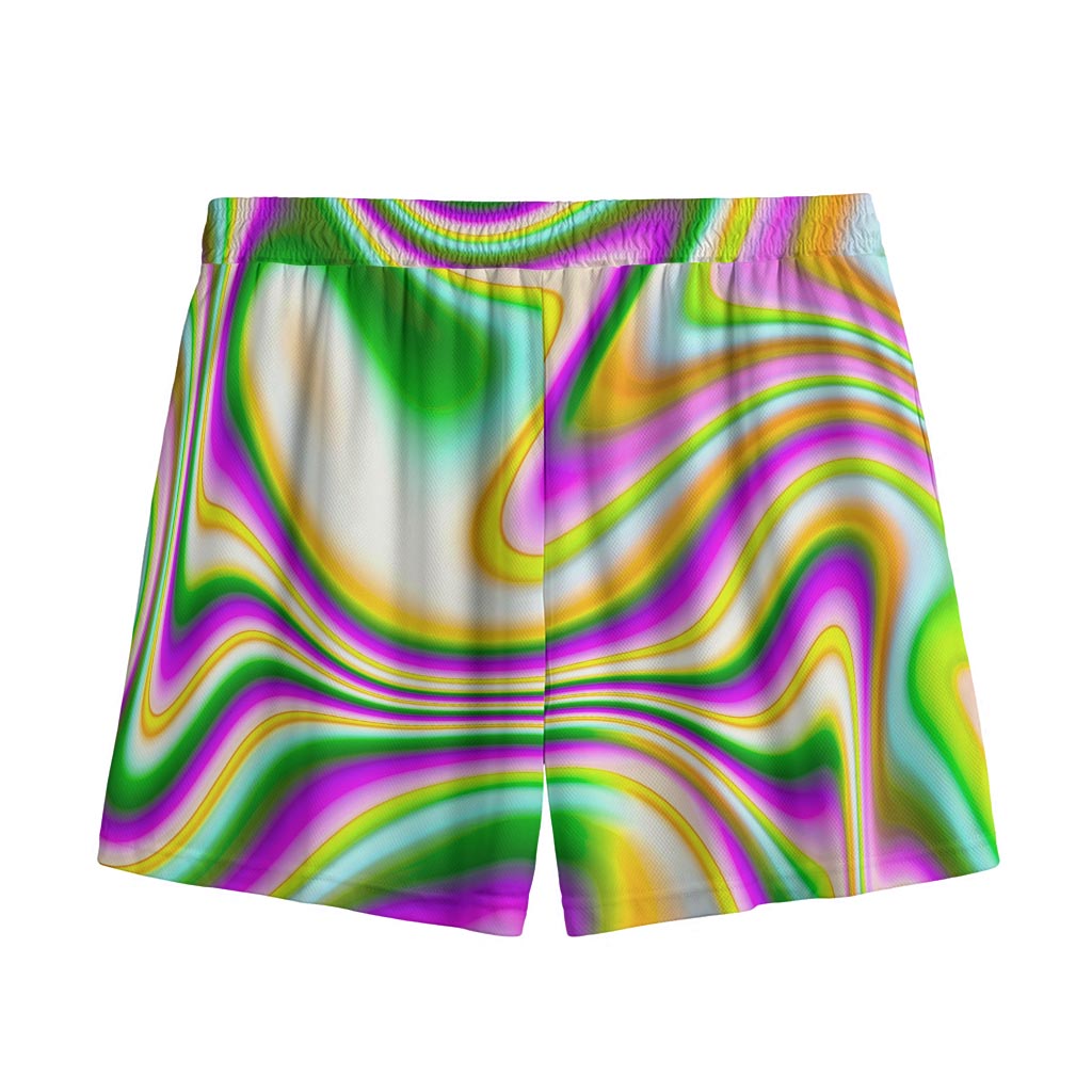 Abstract Holographic Liquid Trippy Print Mesh Shorts