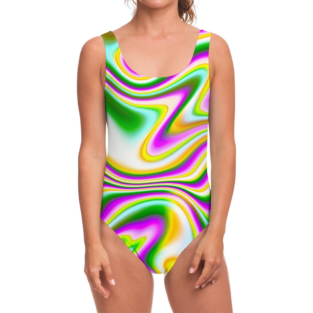 Abstract Holographic Liquid Trippy Print One Piece Swimsuit