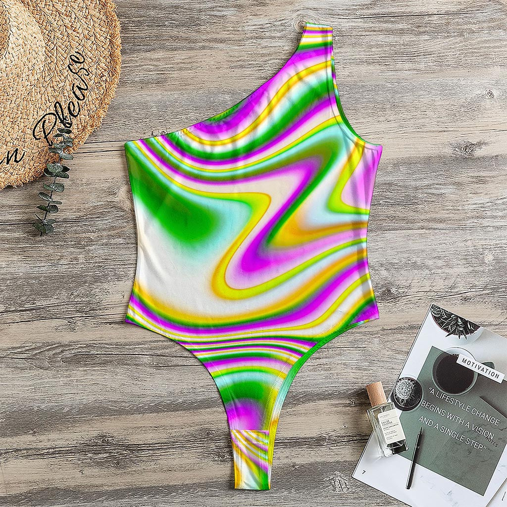 Abstract Holographic Liquid Trippy Print One Shoulder Bodysuit