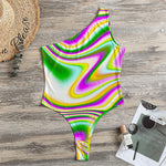 Abstract Holographic Liquid Trippy Print One Shoulder Bodysuit