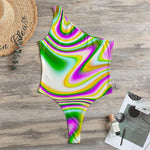 Abstract Holographic Liquid Trippy Print One Shoulder Bodysuit