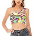 Abstract Holographic Liquid Trippy Print One Shoulder Crop Top