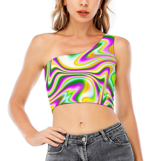 Abstract Holographic Liquid Trippy Print One Shoulder Crop Top