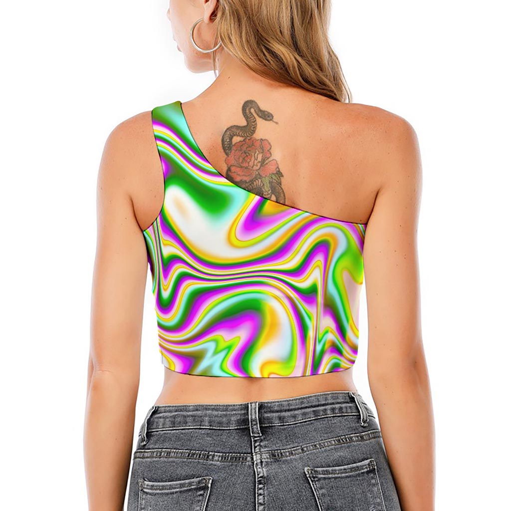 Abstract Holographic Liquid Trippy Print One Shoulder Crop Top
