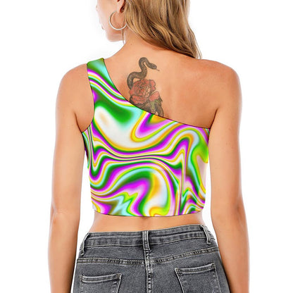 Abstract Holographic Liquid Trippy Print One Shoulder Crop Top