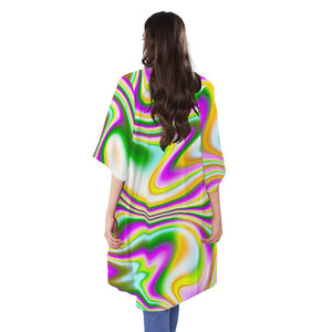 Abstract Holographic Liquid Trippy Print Open Front Beach Cover Up