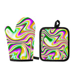 Abstract Holographic Liquid Trippy Print Oven Mitt And Pot Holder Set