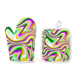 Abstract Holographic Liquid Trippy Print Oven Mitt And Pot Holder Set