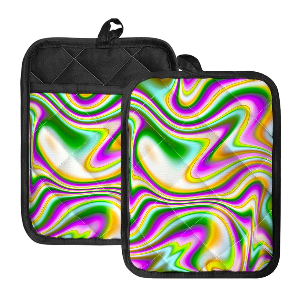 Abstract Holographic Liquid Trippy Print Pot Holders With Pocket