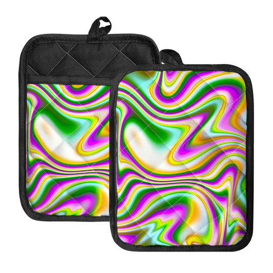 Abstract Holographic Liquid Trippy Print Pot Holders With Pocket