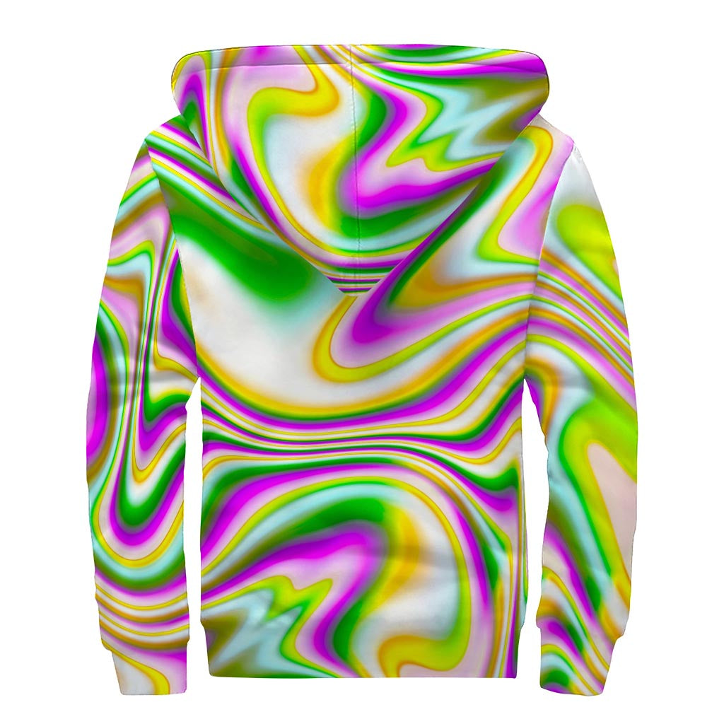 Abstract Holographic Liquid Trippy Print Sherpa Lined Zip Up Hoodie