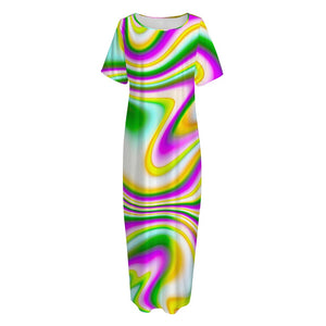 Abstract Holographic Liquid Trippy Print Short Sleeve Long Nightdress