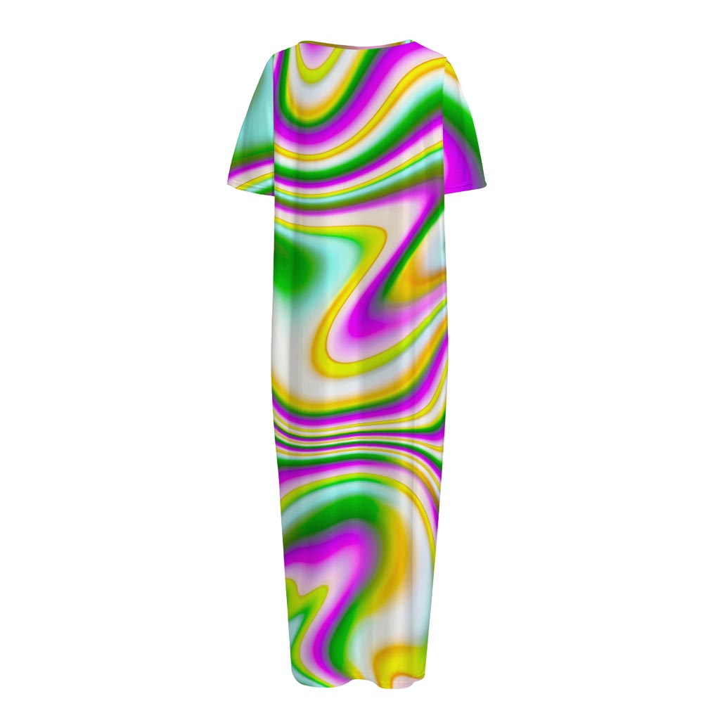 Abstract Holographic Liquid Trippy Print Short Sleeve Long Nightdress