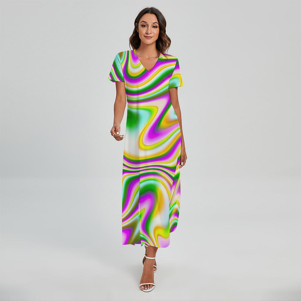 Abstract Holographic Liquid Trippy Print Short Sleeve Maxi Dress
