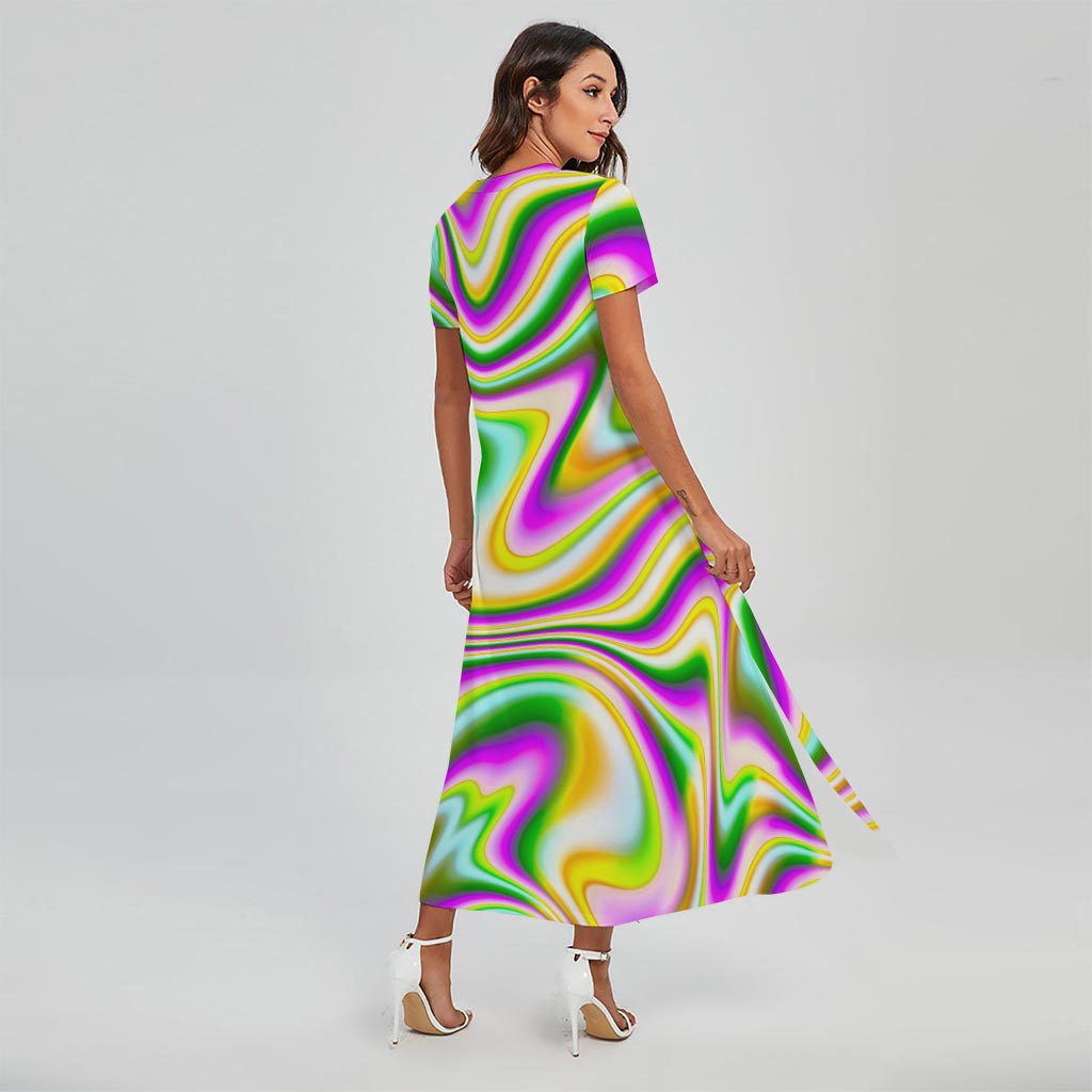 Abstract Holographic Liquid Trippy Print Short Sleeve Maxi Dress