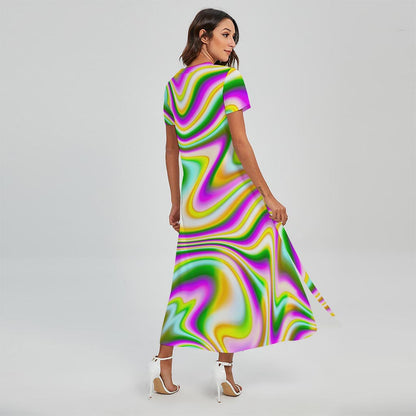 Abstract Holographic Liquid Trippy Print Short Sleeve Maxi Dress