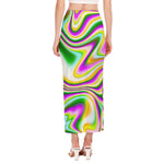 Abstract Holographic Liquid Trippy Print Side Slit Maxi Skirt
