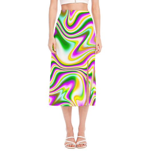 Abstract Holographic Liquid Trippy Print Side Slit Midi Skirt