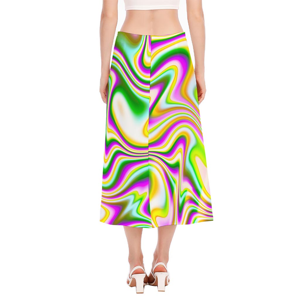 Abstract Holographic Liquid Trippy Print Side Slit Midi Skirt