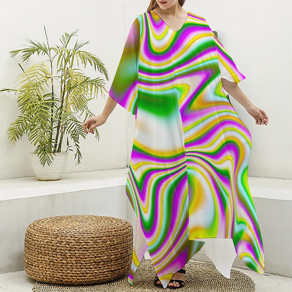 Abstract Holographic Liquid Trippy Print Silk V-Neck Kaftan Dress