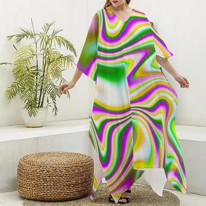 Abstract Holographic Liquid Trippy Print Silk V-Neck Kaftan Dress