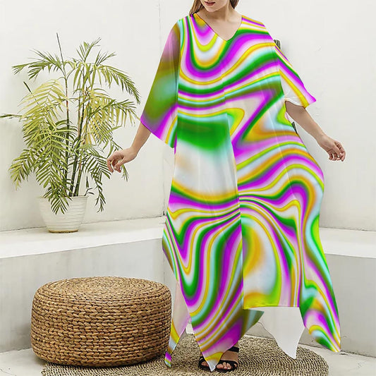 Abstract Holographic Liquid Trippy Print Silk V-Neck Kaftan Dress
