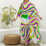 Abstract Holographic Liquid Trippy Print Silk V-Neck Kaftan Dress