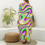Abstract Holographic Liquid Trippy Print Silk V-Neck Kaftan Dress