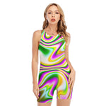 Abstract Holographic Liquid Trippy Print Sleeveless One Piece Swimsuit