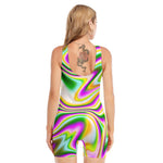 Abstract Holographic Liquid Trippy Print Sleeveless One Piece Swimsuit