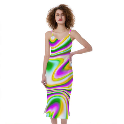Abstract Holographic Liquid Trippy Print Slim Fit Midi Cami Dress
