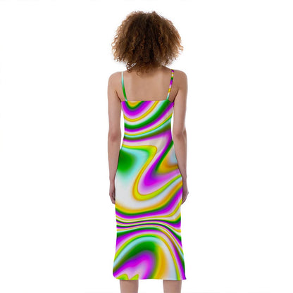 Abstract Holographic Liquid Trippy Print Slim Fit Midi Cami Dress