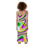 Abstract Holographic Liquid Trippy Print Slim Fit Midi Cami Dress