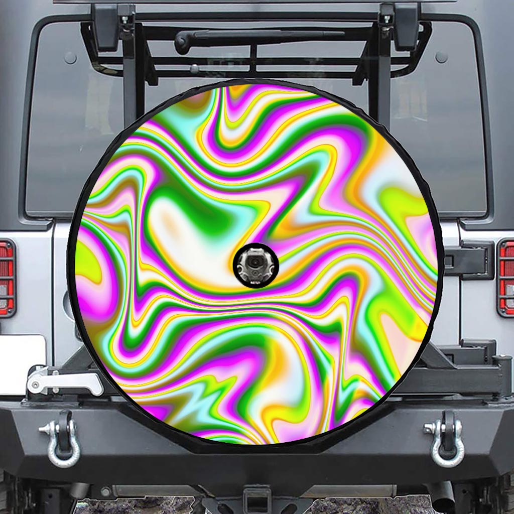 Abstract Holographic Liquid Trippy Print Tire Cover With Camera Hole