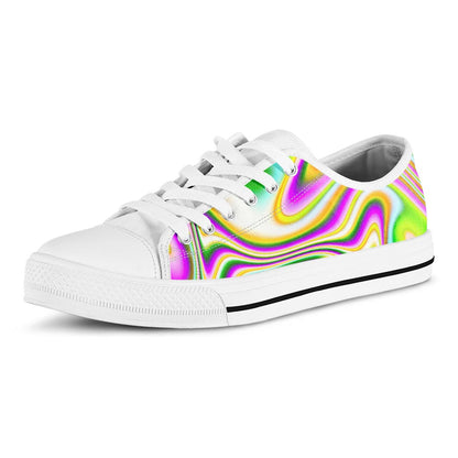 Abstract Holographic Liquid Trippy Print White Low Top Sneakers