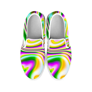 Abstract Holographic Liquid Trippy Print White Slip On Sneakers