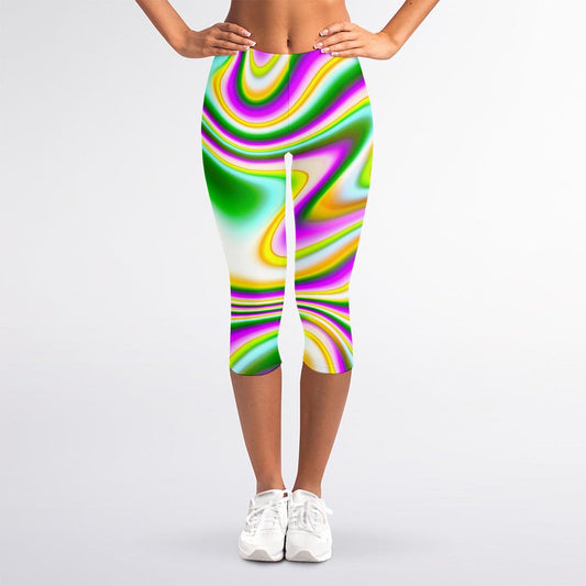 Abstract Holographic Liquid Trippy Print Women's Capri Leggings