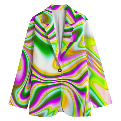 Abstract Holographic Liquid Trippy Print Women's Cotton Blazer