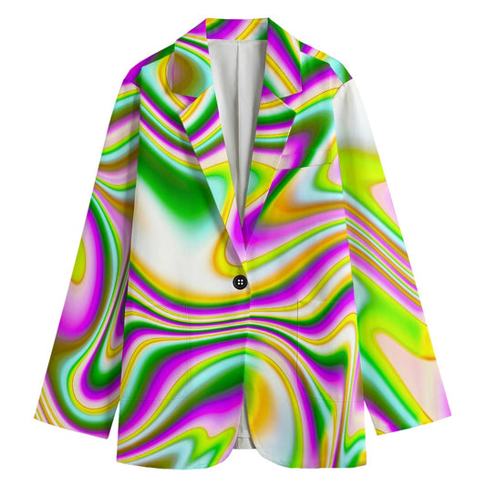 Abstract Holographic Liquid Trippy Print Women's Cotton Blazer