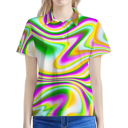Abstract Holographic Liquid Trippy Print Women's Polo Shirt