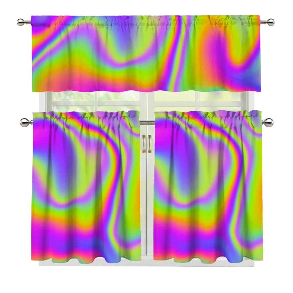 Abstract Holographic Trippy Print 3 Piece Kitchen Curtains