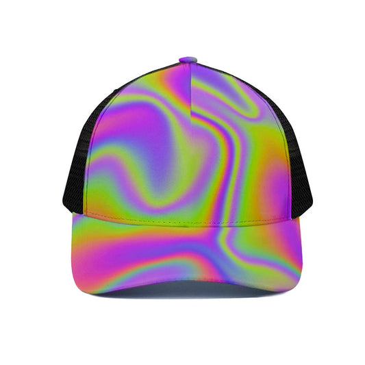 Abstract Holographic Trippy Print Black Mesh Trucker Cap