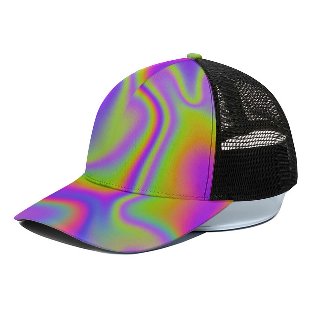 Abstract Holographic Trippy Print Black Mesh Trucker Cap