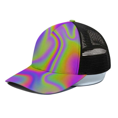 Abstract Holographic Trippy Print Black Mesh Trucker Cap