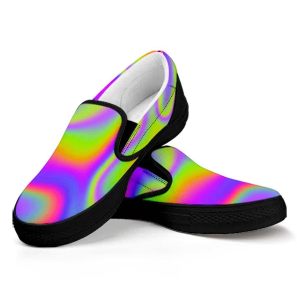 Abstract Holographic Trippy Print Black Slip On Sneakers