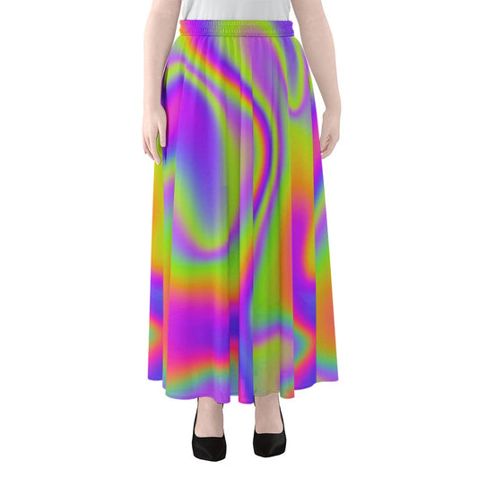 Abstract Holographic Trippy Print Chiffon Maxi Skirt