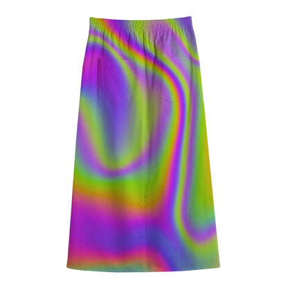 Abstract Holographic Trippy Print Cotton Front Slit Maxi Skirt