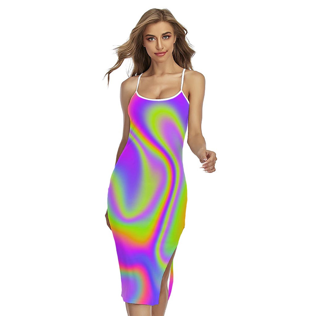 Abstract Holographic Trippy Print Cross Back Cami Dress